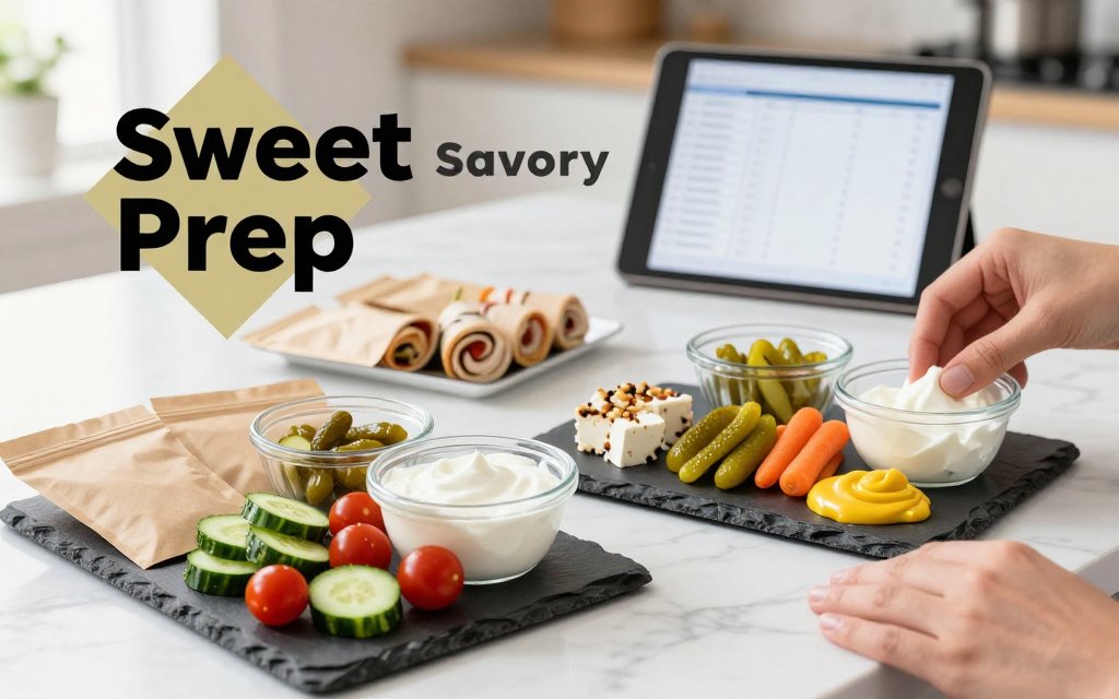 Two pre-portioned 100-calorie snack boards, one savory and one sweet, staged on a marble kitchen prep table with phone tracker in background.
