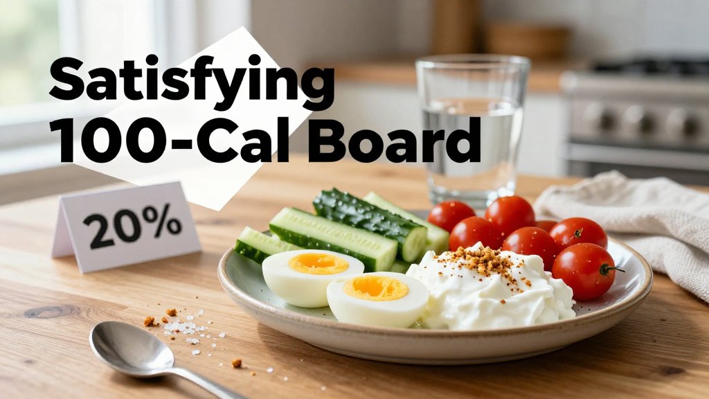 A small, satisfying 100-calorie snack board with egg, cucumbers, tomatoes, and seasoned Greek yogurt on a sunlit kitchen table with text overlay.