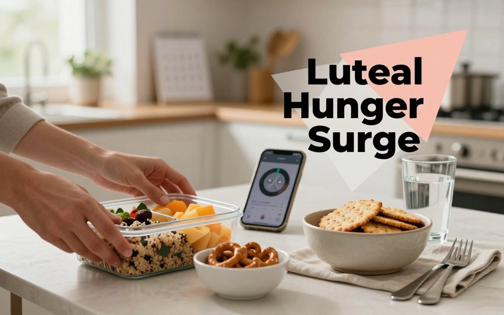 Hands at a kitchen table choosing between healthy meal prep and salty snacks with a phone showing a cycle tracker, illustrating intense luteal phase hunger.