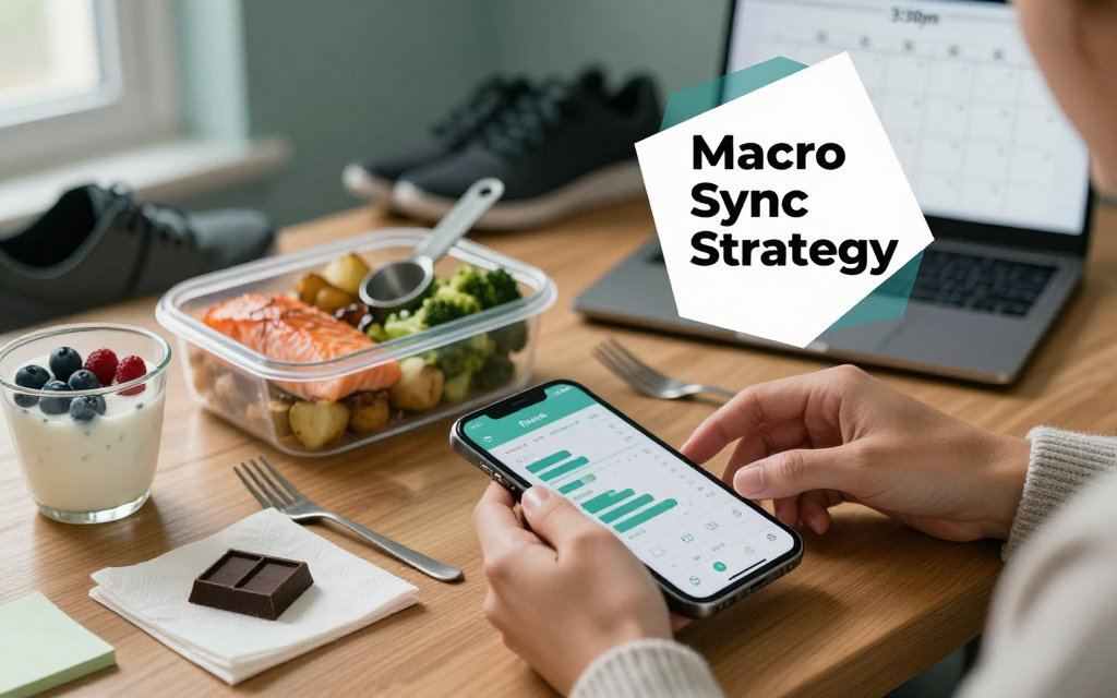 Hands adjusting macro targets on a phone at a desk with salmon, potatoes, broccoli, and a small treat, suggesting cycle syncing for cravings and training.
