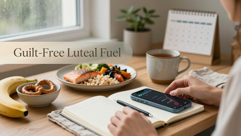 Hands at a kitchen table adjusting a meal plan next to a calorie tracking phone, with snacks and a balanced meal, conveying guilt-free luteal phase hunger support.