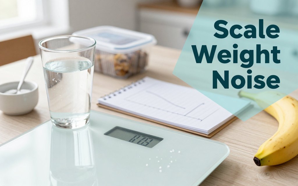 Kitchen table scene illustrating electrolyte-driven water weight changes with a scale, salt water, banana, and weight tracking notes.