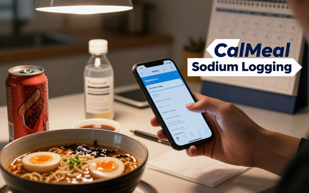 Hands logging a ramen meal’s sodium and an electrolyte drink in CalMeal at a kitchen table, with notes and a scale in the background.