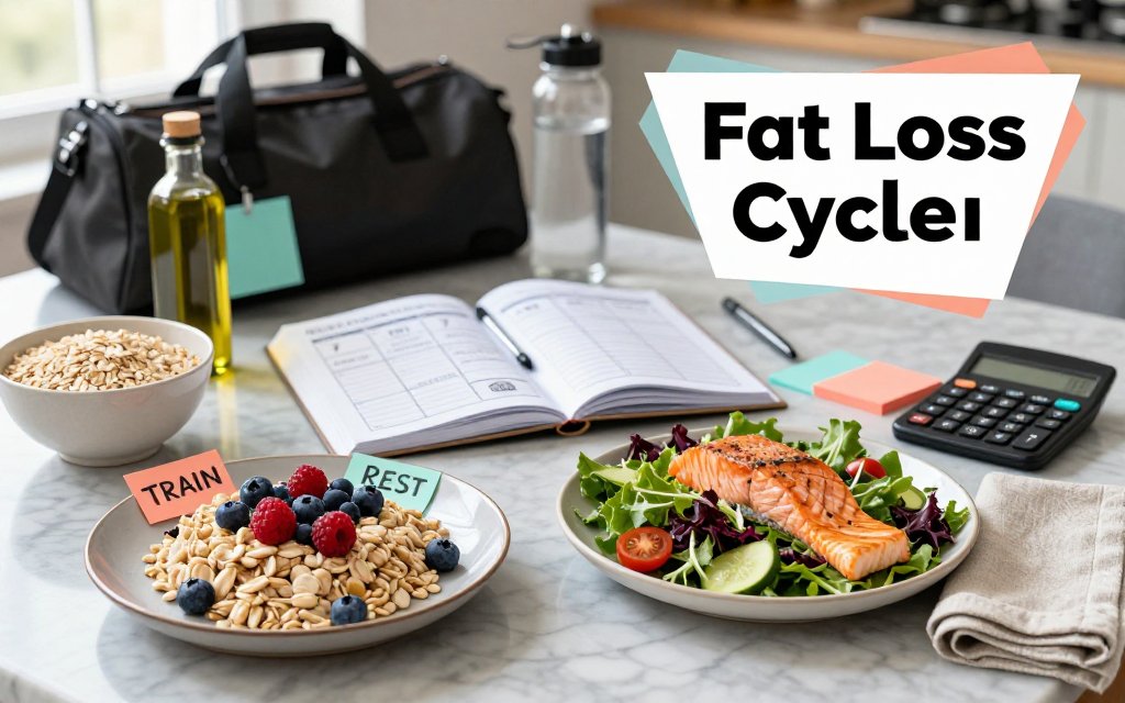 Kitchen table scene showing a 7-day carb cycling meal plan with high-carb and low-carb meals, planner, and calculator, illustrating fat loss strategy.