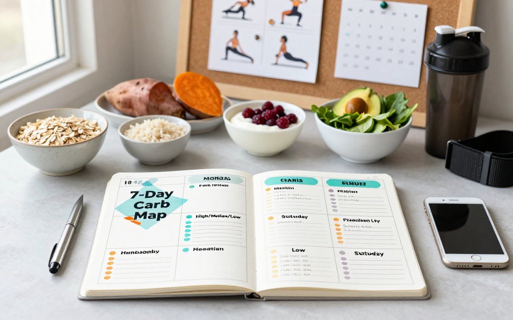 Flat-lay photo of a 7-day carb cycling schedule planner with highlighted high, medium, and low carb days, surrounded by bowls of foods and workout accessories, with an overlay reading 7-Day Carb Map.