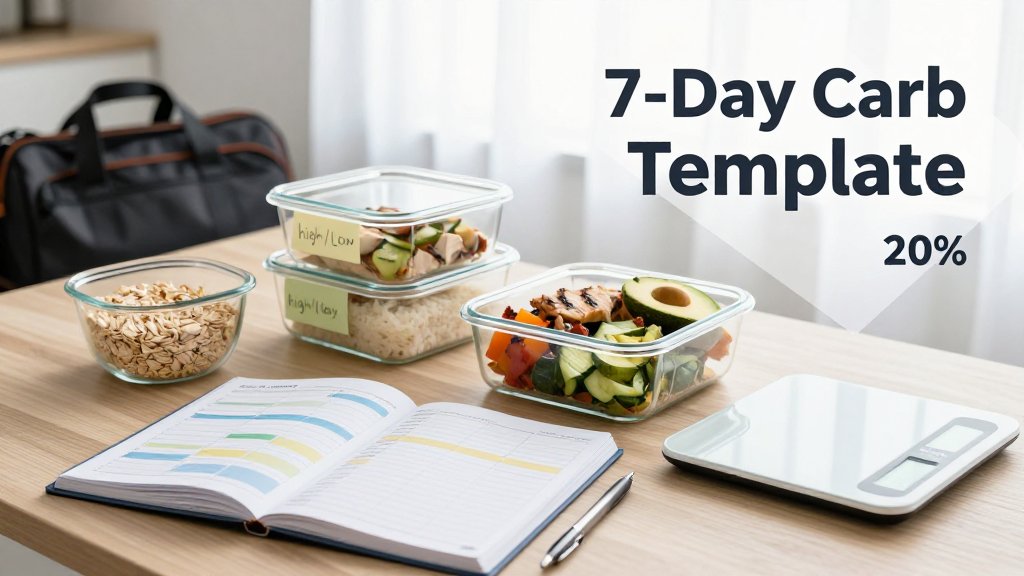 Kitchen table meal-prep scene showing a 7-day carb cycling plan with high- and low-carb meals and a weekly planner.