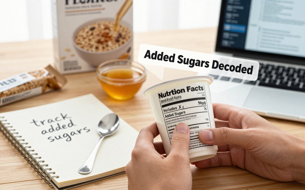 Hands point to the “Includes Added Sugars” line on a Nutrition Facts label at a kitchen table with sweetener props nearby.