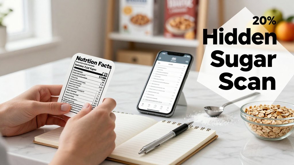 Hands at a kitchen table circling the “Includes X g Added Sugars” line on a Nutrition Facts label with tracking tools nearby.