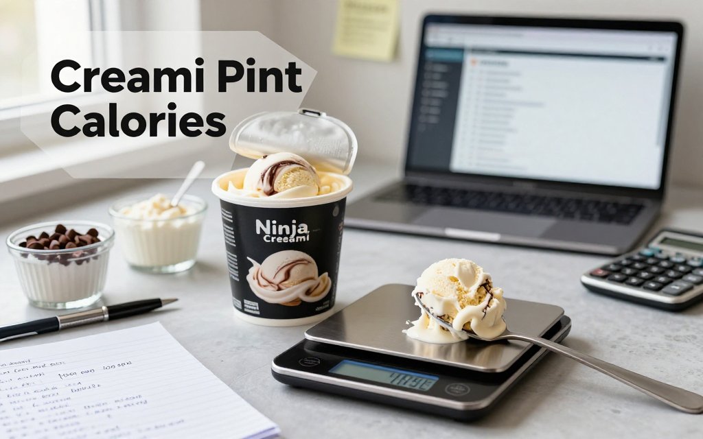 Ninja Creami pint on a kitchen scale with mix-ins, calorie log, and laptop nutrition tracker for accurate calorie counting.