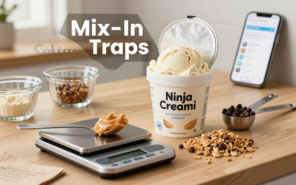 Kitchen scene with a Ninja Creami pint, mix-ins on a digital scale, measuring spoons, and a phone app, highlighting accurate calorie tracking.