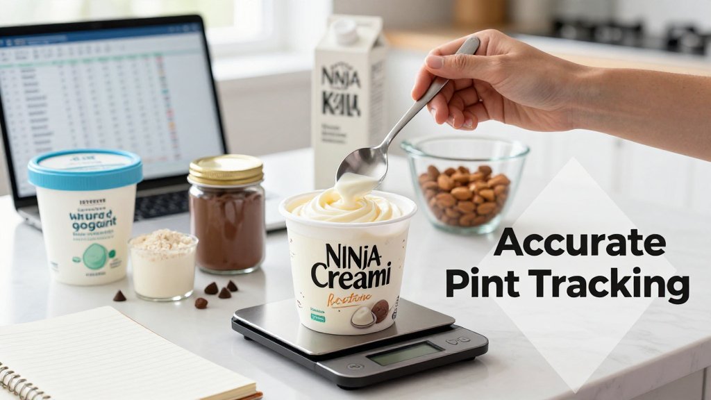 Hands portioning a Ninja Creami protein ice cream pint on a kitchen scale with ingredients and a calorie log nearby, emphasizing accurate pint calorie tracking.