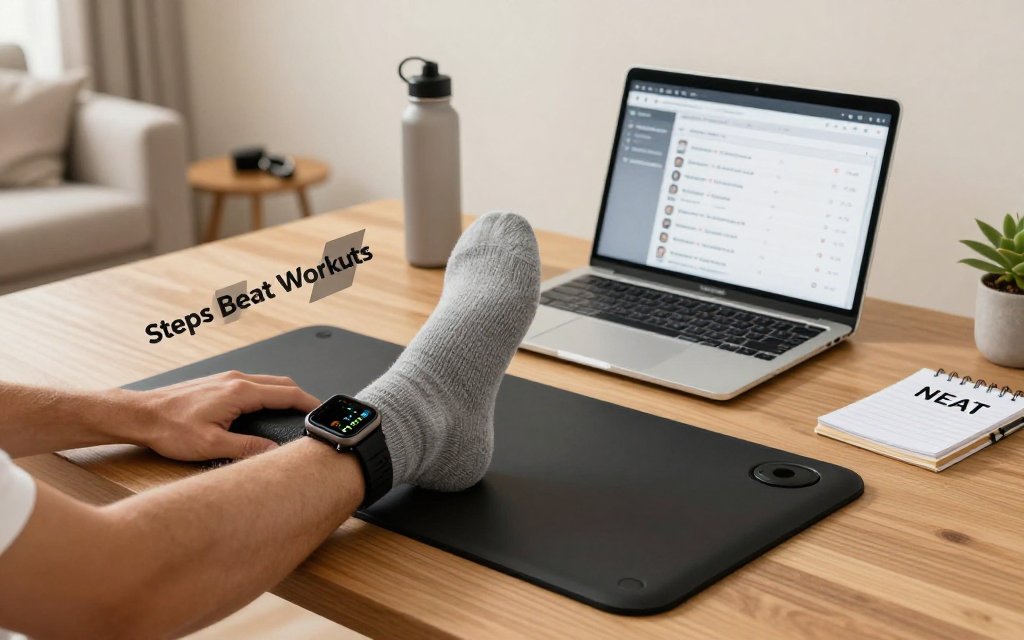 Busy professional walking on a walking pad at a standing desk while tracking steps on a smartwatch, emphasizing NEAT and daily movement over workouts.
