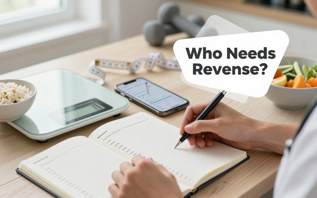 Fitness nutrition planning scene showing reverse dieting concept with notebook, phone chart, scale, and food on a kitchen table.