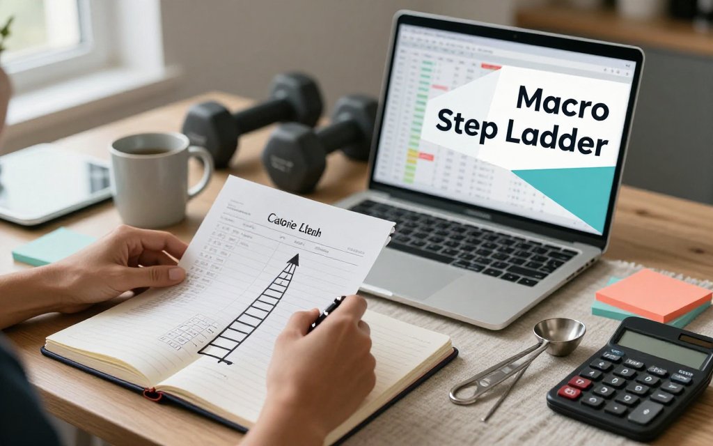 Home office desk with hands planning a step-by-step reverse diet using calorie and macro charts beside a laptop, with fitness items softly blurred in the background.