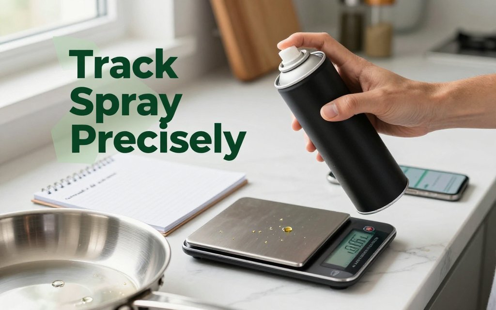 Hands weigh a cooking spray can on a kitchen scale near a skillet, with notes and a phone app, illustrating accurate tracking of spray oils.