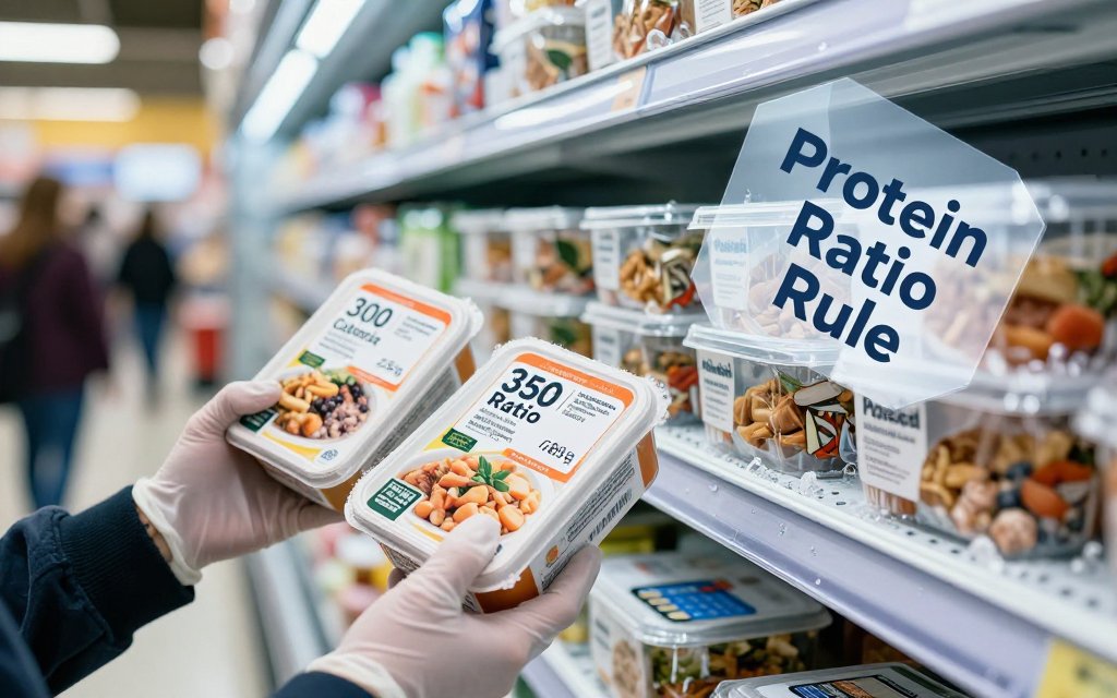 Hands in a grocery freezer aisle compare two frozen meal nutrition labels to choose the better protein-to-calorie ratio, with a geometric text overlay reading Protein Ratio Rule.