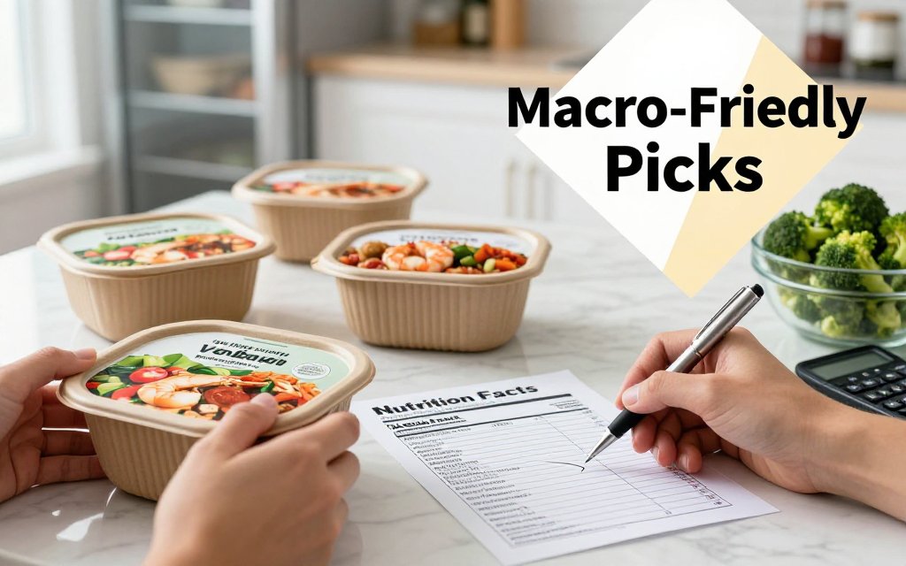 Hands reviewing frozen meal boxes and nutrition labels on a marble kitchen table with veggies and phone calculator.