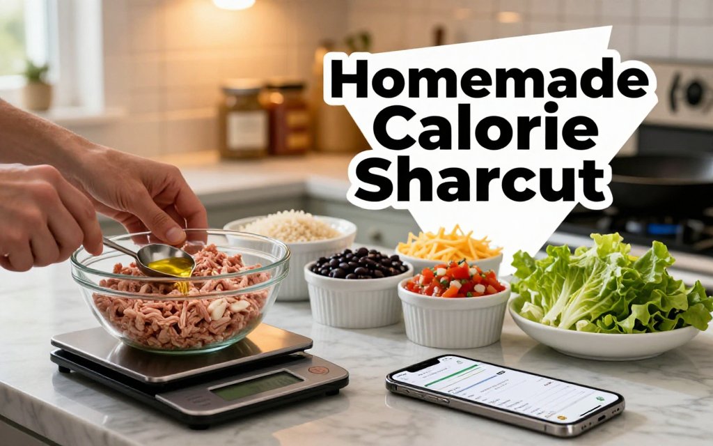 Hands weigh raw ingredients on a kitchen scale beside a phone logging a taco bowl recipe; ingredients are arranged on a marble counter with a warm stove in the background.
