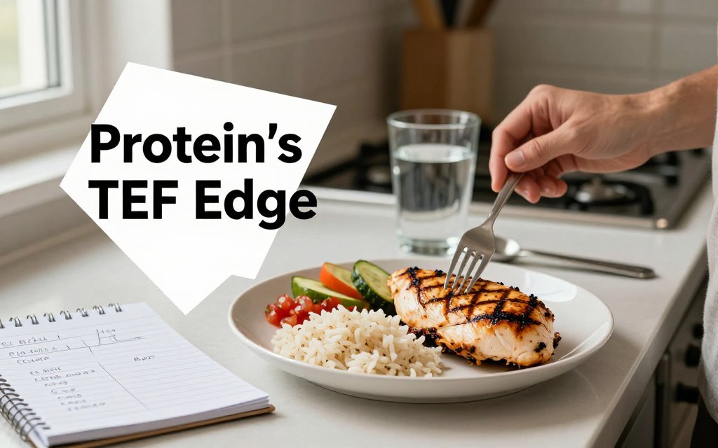Kitchen counter meal with chicken and rice, notes about TEF, emphasizing protein’s higher thermic effect.