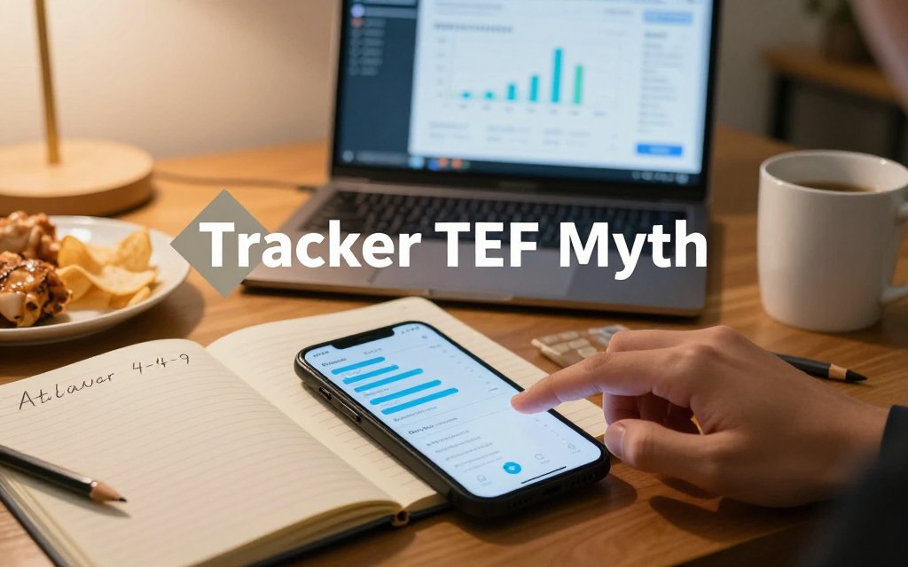 Home office desk scene with calorie tracker on phone, Atwater notes, chicken and chips, and a TDEE chart on a laptop, illustrating TEF not being included in trackers.