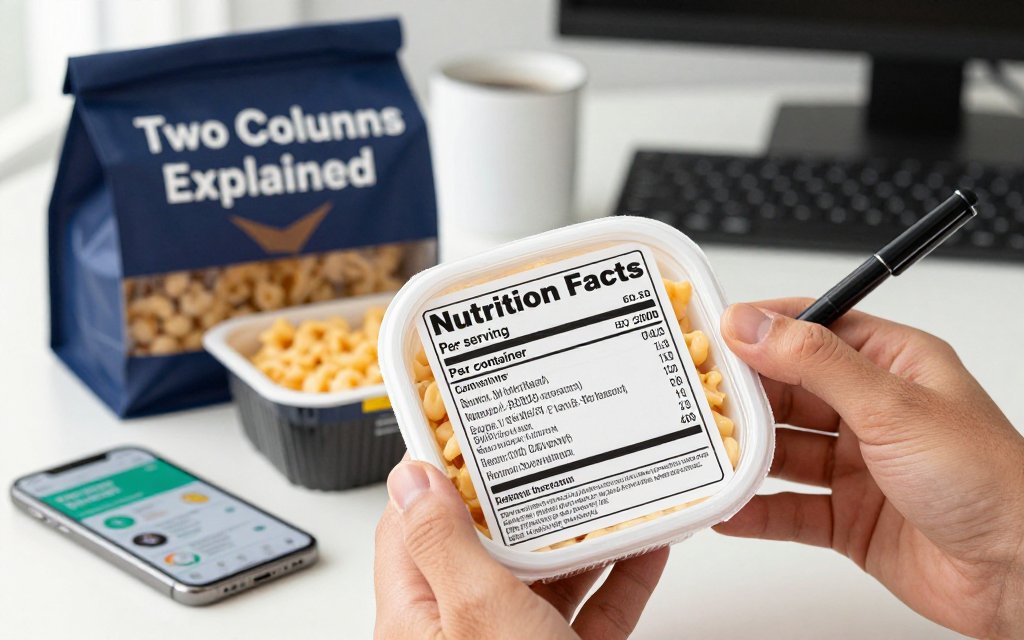 Hands hold a mac-and-cheese bowl showing a dual-column Nutrition Facts label next to a phone tracking app on an office desk.