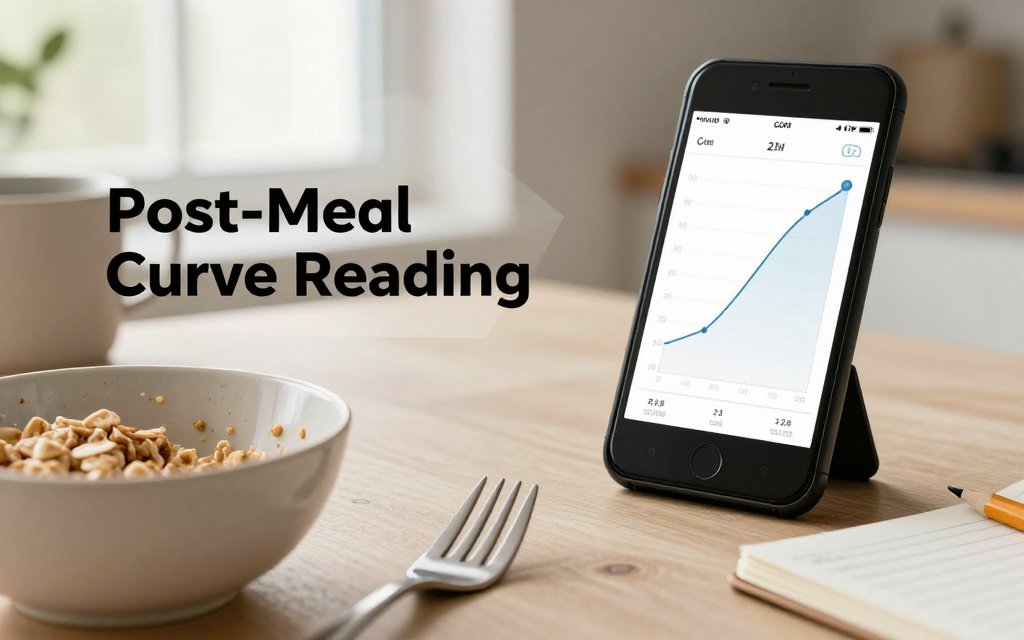 Kitchen table with oatmeal, notepad of calorie counts, and smartphone displaying a CGM post-meal glucose curve with a 2-hour marker.