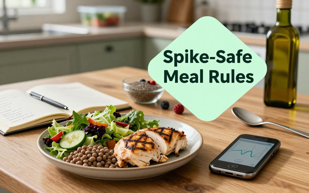 Kitchen table meal-prep scene with a stable plate (chicken, salad, lentils), a phone showing a glucose curve, and a meal logging notebook, illustrating meal planning rules to avoid glucose spikes.