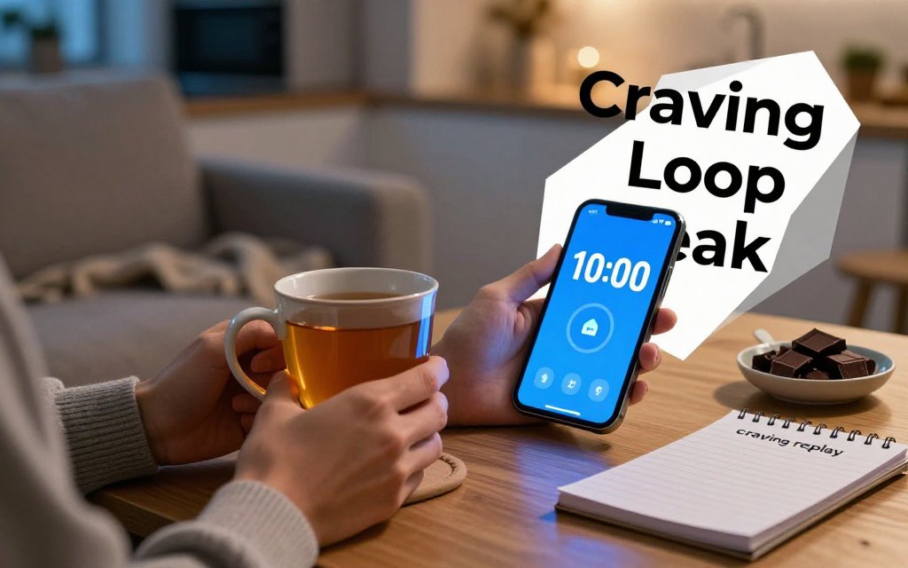 Hands holding herbal tea next to a phone timer and a small portioned snack on a coffee table, illustrating a pause to break the after-dinner craving loop.
