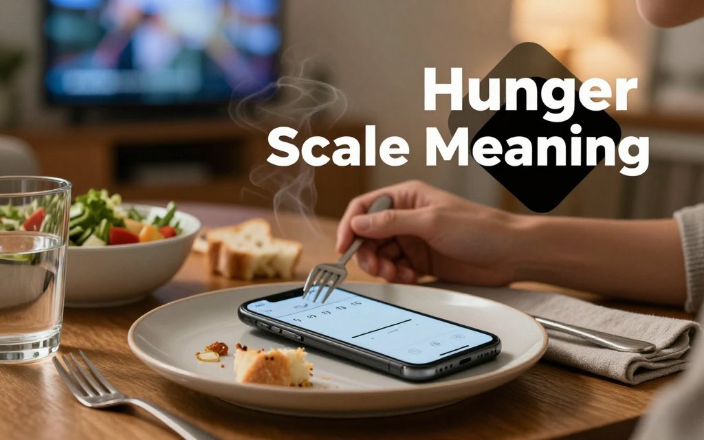 Person pauses mid-meal to check a 1–10 hunger scale on a smartphone at a cozy dinner table.