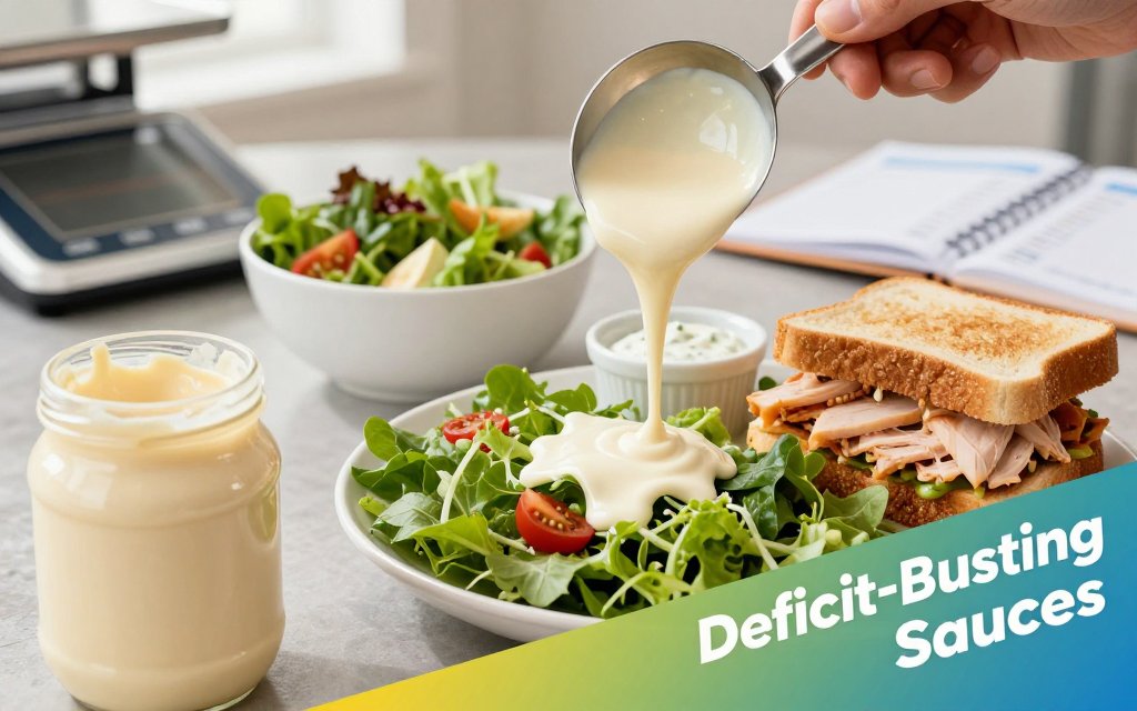 Hands pouring creamy dressing onto a healthy salad next to a turkey sandwich, with mayo jar, measuring spoon, and calorie log in a softly lit kitchen.