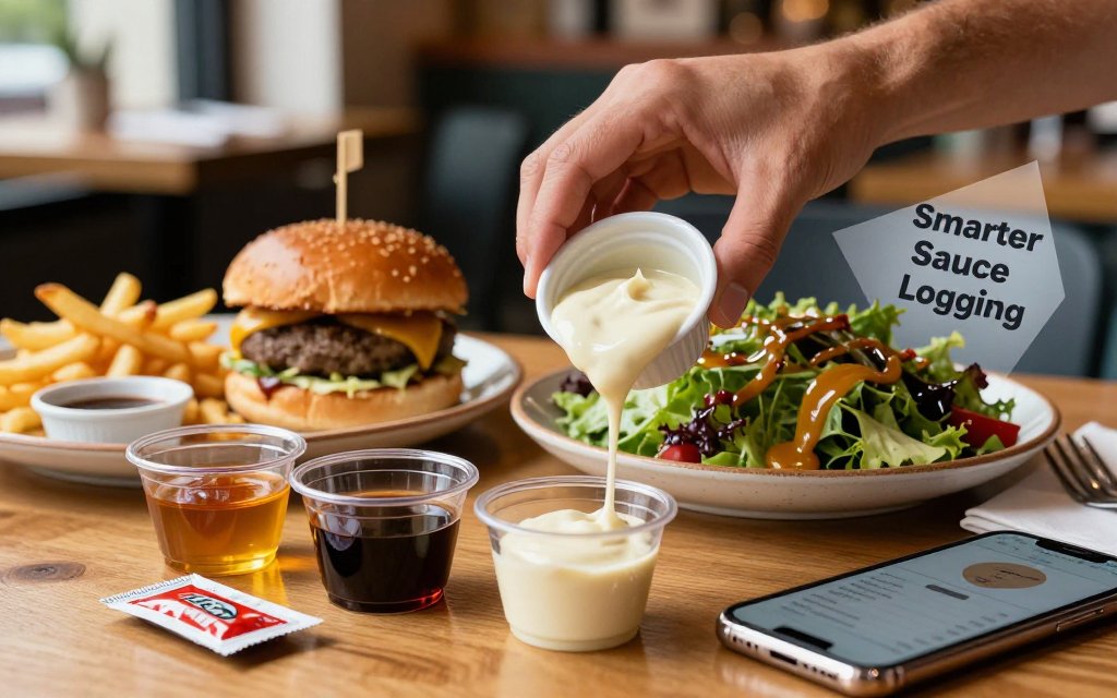 Restaurant table with portion cups of sauces, phone calorie tracker, and dishes showing oil-based drizzles, illustrating smarter sauce logging.