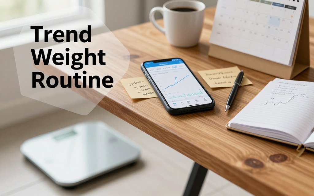 Kitchen table morning weigh-in setup with digital scale, notebook, and smartphone showing a 7-day trend weight graph.