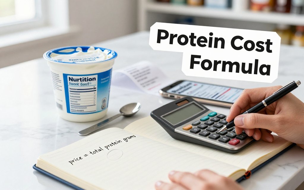 Hands calculating price per gram of protein with calculator, notebook formula, Greek yogurt, and nutrition label.