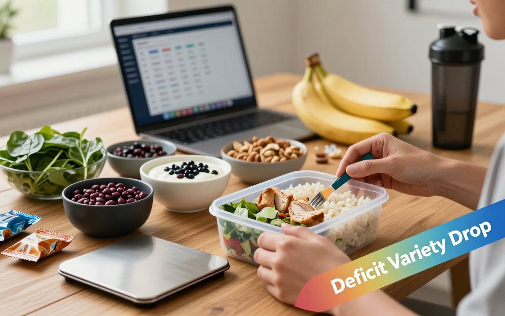 Hands meal-prepping small diet portions beside colorful whole foods and a laptop macro tracker, illustrating micronutrient deficits during calorie restriction.
