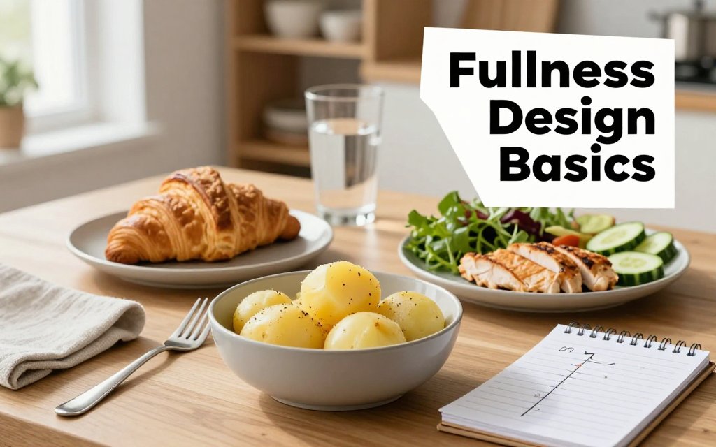 Kitchen table scene comparing boiled potatoes, croissant, and a protein-and-vegetable plate to illustrate satiety index basics, with text overlay.
