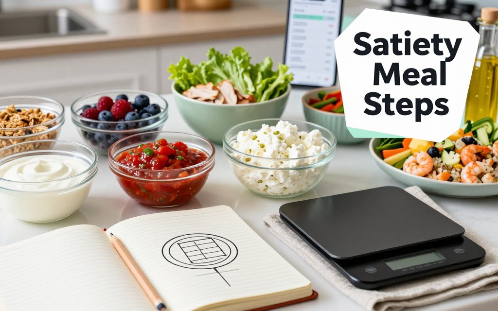 Kitchen table meal-prep scene with notebook plate formula, scale, and bowls of high-volume high-protein foods for satiety meal planning.