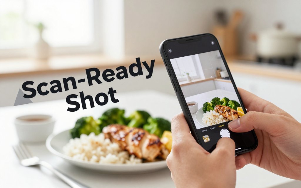 A clean, well-lit overhead photo setup of a plate of chicken, rice, and broccoli being photographed with a smartphone for accurate food scanning.