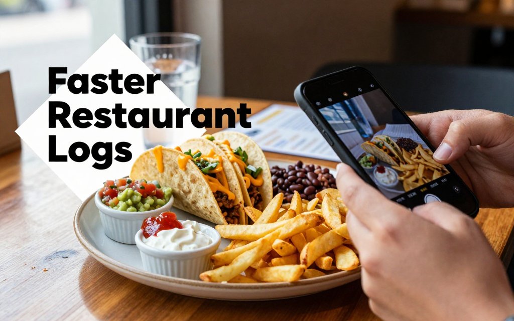 Hands separating items on a taco plate while photographing it with a smartphone for faster, more accurate food logging, with overlay text.