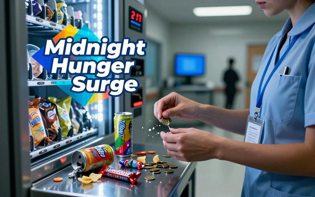 Nurse hands at a hospital vending machine at 2:17 a.m. with chips, candy, and an energy drink, conveying intense late-night cravings.