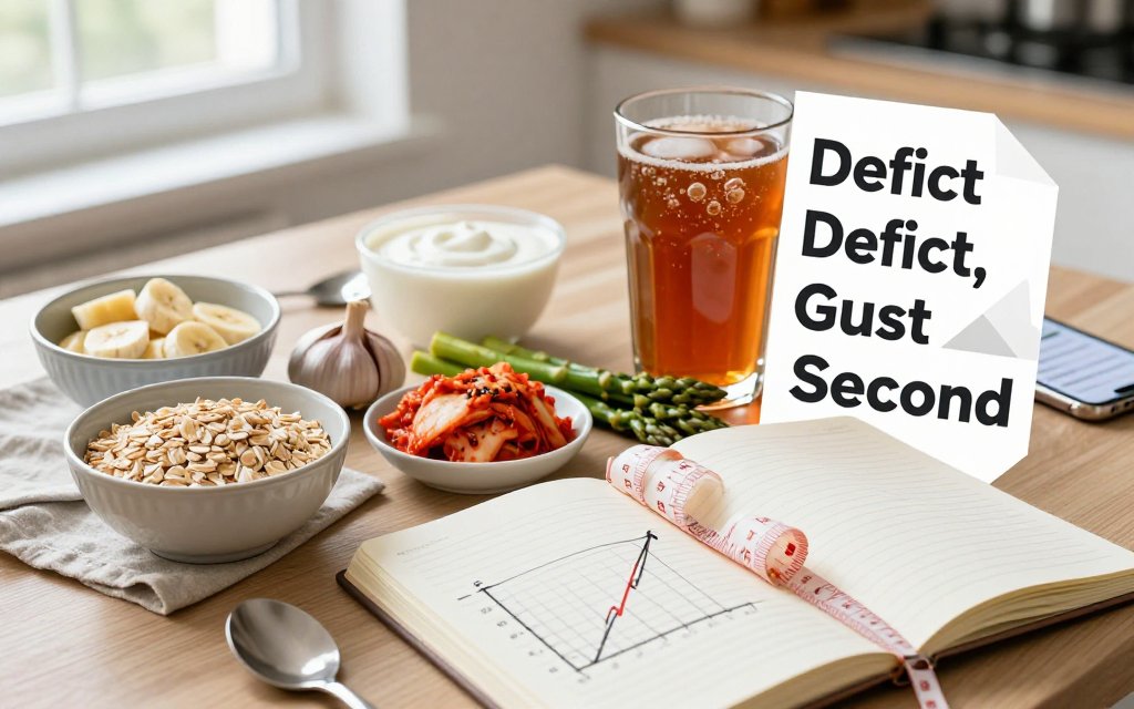 Flat lay on a kitchen table showing prebiotic fiber foods and probiotic fermented foods next to a calorie deficit notebook and measuring tape.