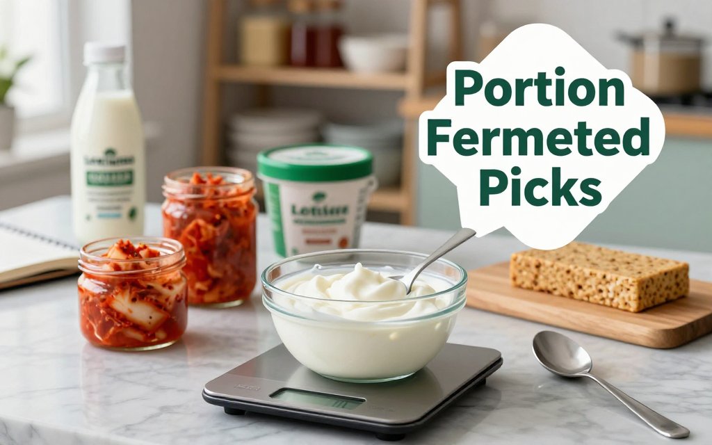 Kitchen table with portioned probiotic foods—yogurt on a scale, kefir, kimchi, sauerkraut, miso, and tempeh—showing calorie-aware serving sizes.