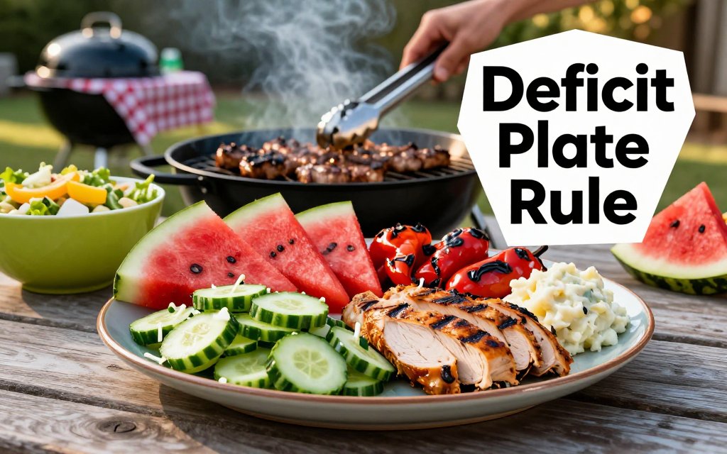 Balanced BBQ plate with produce, grilled chicken, and one small side at a backyard cookout with text overlay.