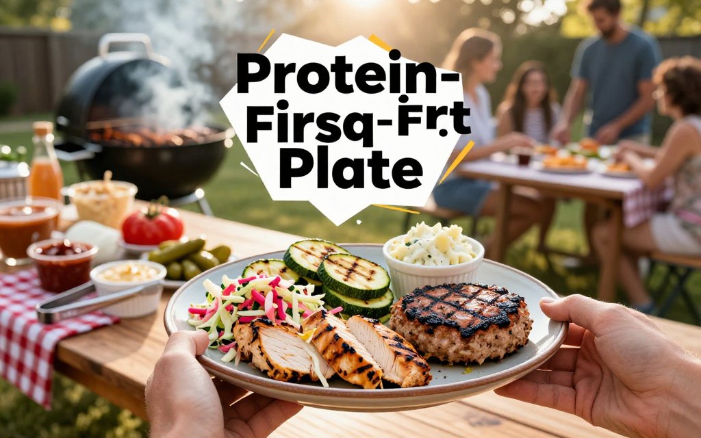 Hands holding a protein-focused BBQ plate with grilled chicken, turkey patty, vinegar slaw, and grilled vegetables at an outdoor cookout buffet.
