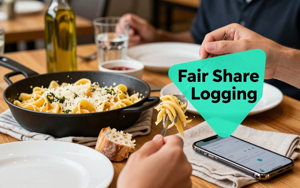 Two friends split a shared pasta dish while a phone displays a calorie log, emphasizing fair estimation for shared meals.