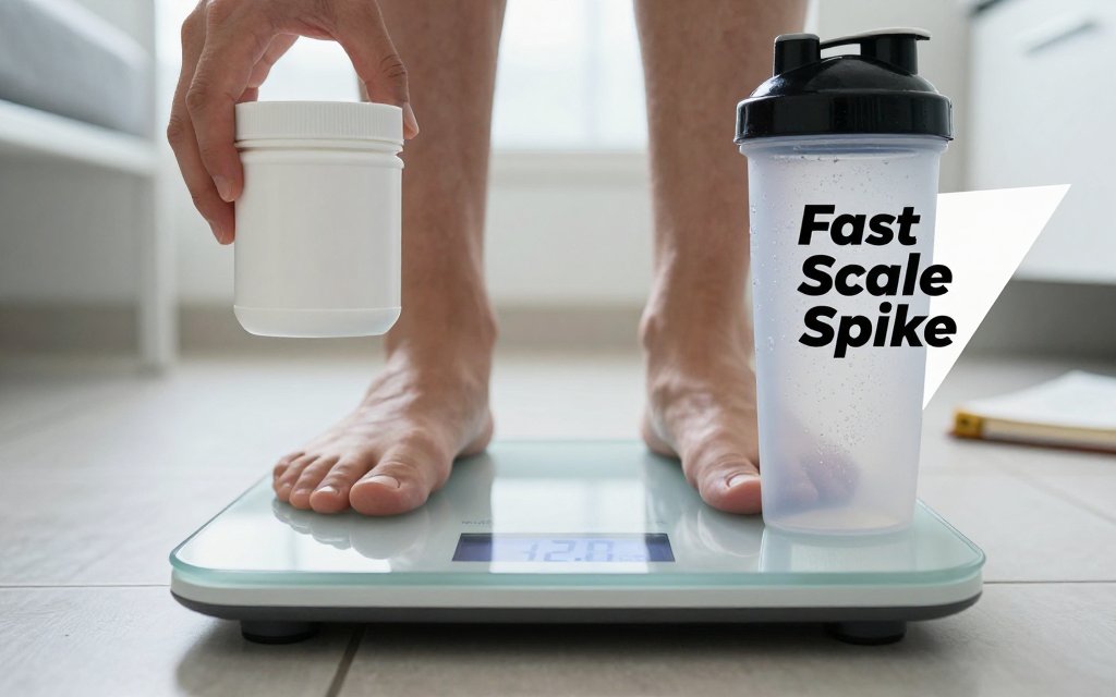 Person weighing on a digital scale while holding creatine, showing a quick scale increase explained as water shift, not fat gain.