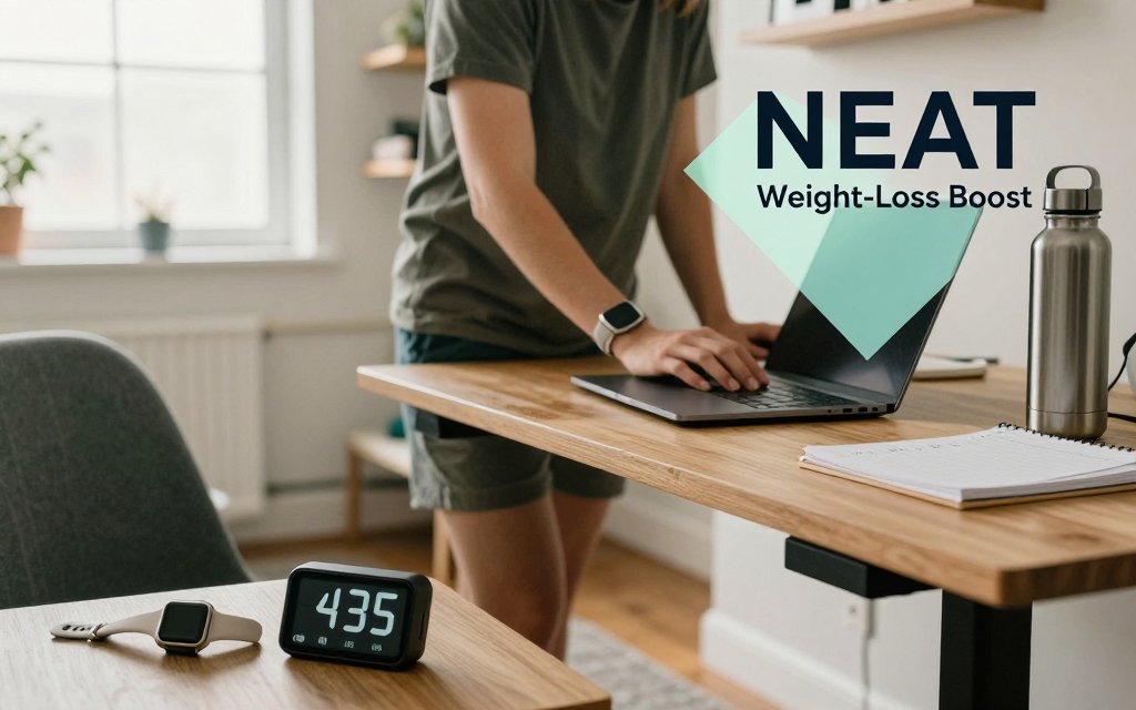 Home office standing desk scene with timer, water bottle, and person alternating sitting and standing to increase NEAT for weight loss.