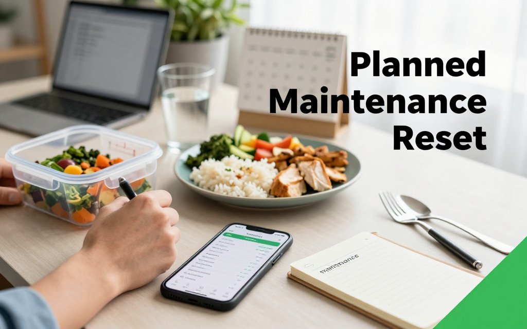 Hands in a home office planning a diet break with a calorie tracking app, notepad, and balanced meal on a desk.