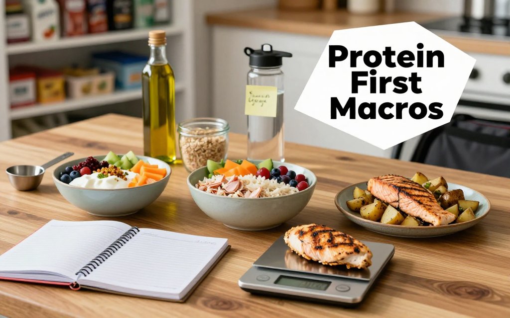Kitchen table meal-prep scene showing protein-focused diet break macros with notebook, scale, and balanced plates; text reads Protein First Macros.