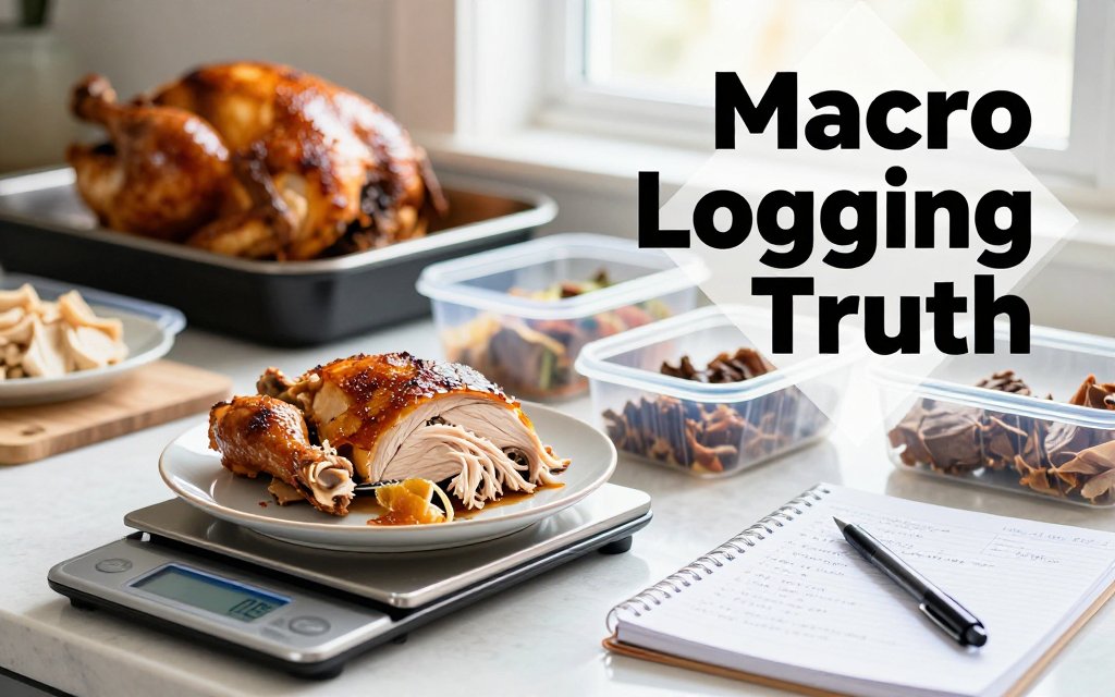 Kitchen macro-tracking scene with rotisserie chicken separated by cut and skin on vs off, scale, meal prep containers, and calorie app.