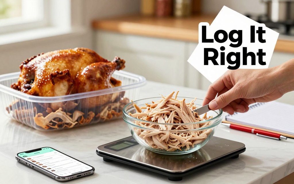 Hands portioning shredded rotisserie chicken on a digital scale with a phone food-logging app, separating skin-on and skin-off meat for accurate tracking.